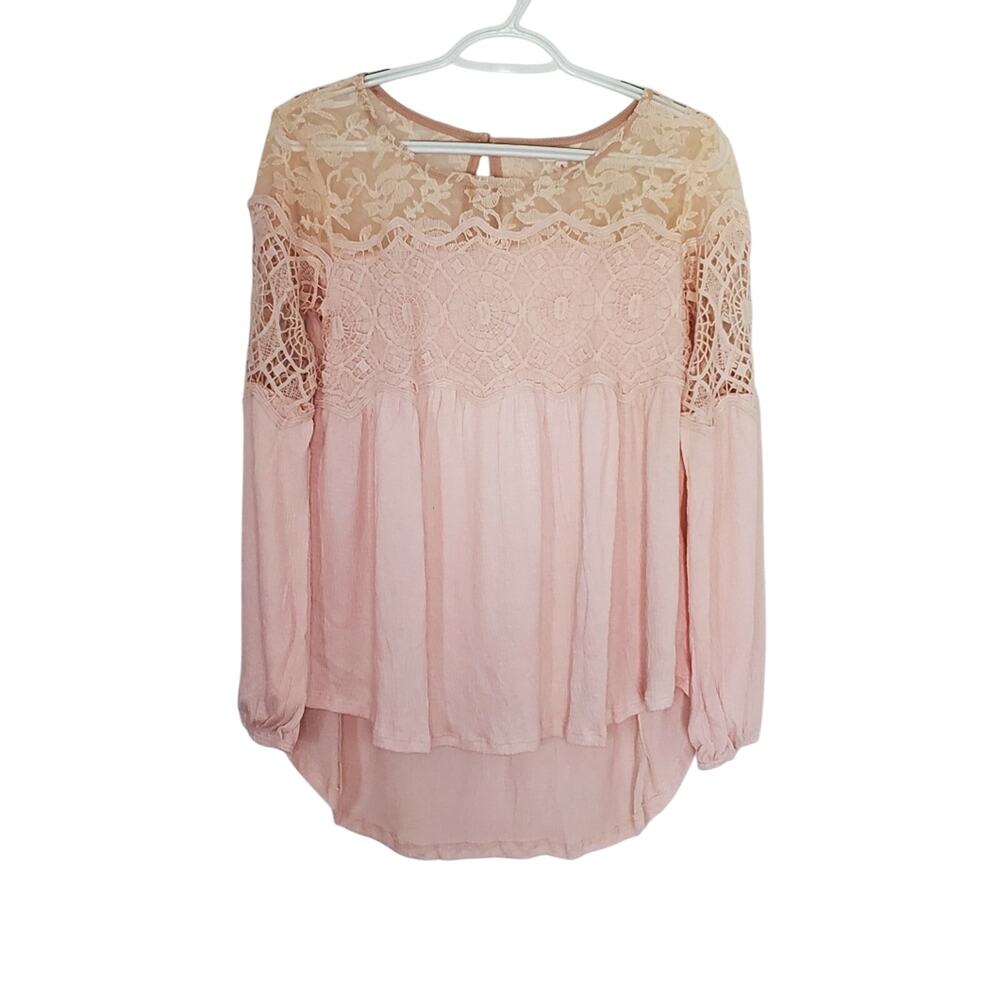 Sundance Boho Peasant Long Sleeve Top  Size S| Lace, Crochet High/Low Peach